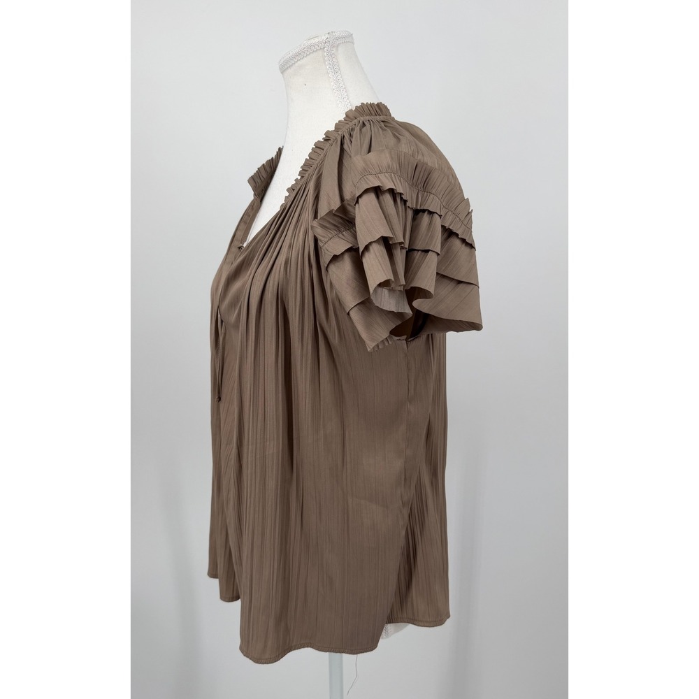 Evereve Women Taupe Brown Pleated Ruffle Sleeve Tie Neck Blouse Large WBL116248
